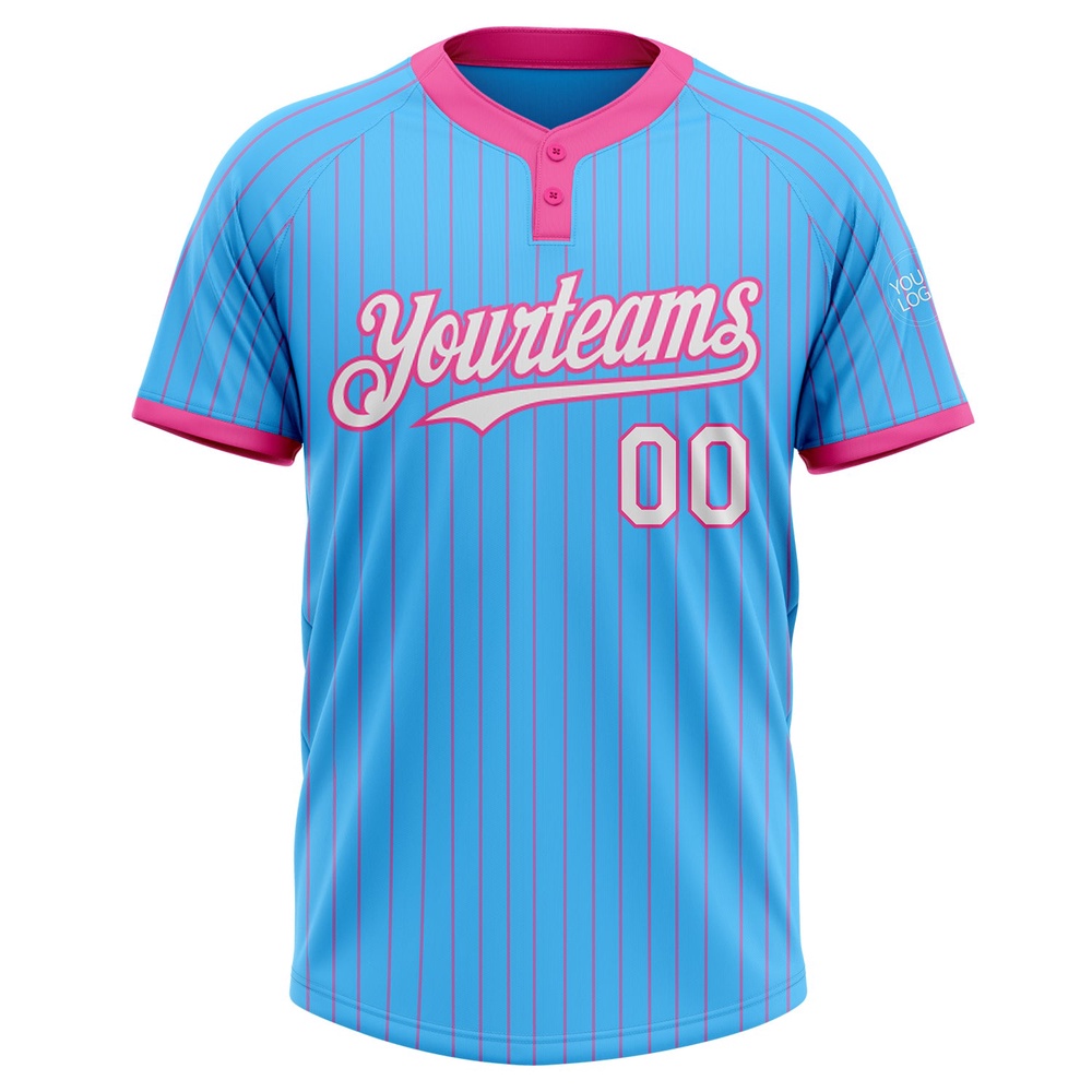 Sky Blue Pink Pinstripe White Two Button Unisex Softball Jersey, Custom Team Softball Jersey Sky Blue Pink Pinstripe White Two Button Unisex Softball Jersey, Custom Team Softball Jersey