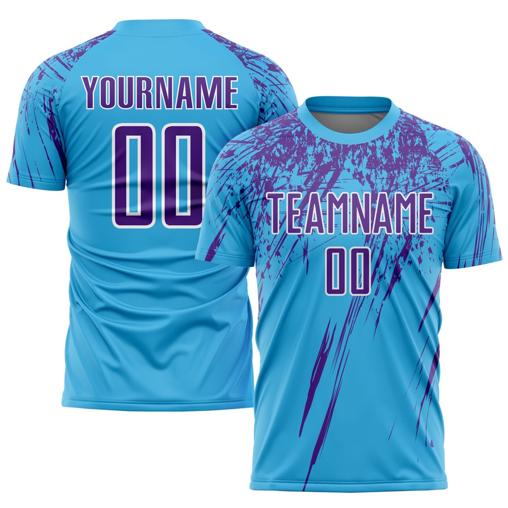 Sky Blue Purple White Sublimation Soccer Uniform Jersey, Custom Team Soccer Jersey Shirt Sky Blue Purple White Sublimation Soccer Uniform Jersey, Custom Team Soccer Jersey Shirt