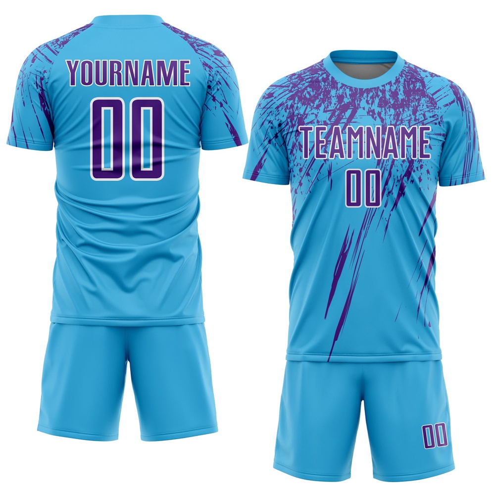 Sky Blue Purple White Sublimation Soccer Uniform Jersey, Custom Team Soccer Jersey Shirt Sky Blue Purple White Sublimation Soccer Uniform Jersey, Custom Team Soccer Jersey Shirt