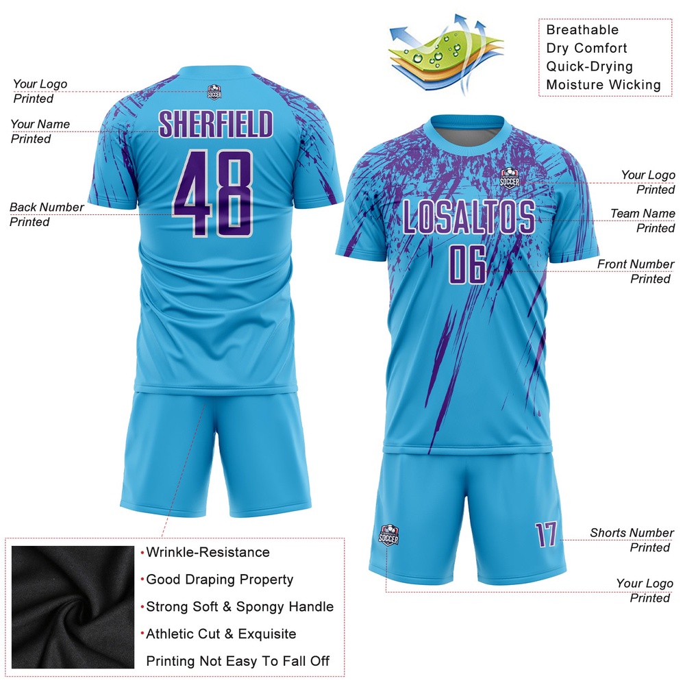 Sky Blue Purple White Sublimation Soccer Uniform Jersey, Custom Team Soccer Jersey Shirt Sky Blue Purple White Sublimation Soccer Uniform Jersey, Custom Team Soccer Jersey Shirt