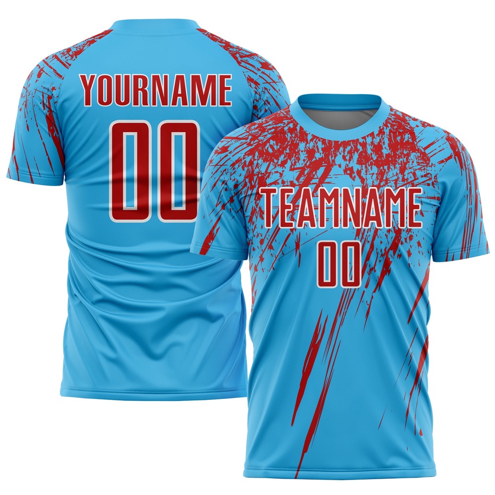 Sky Blue Red White Sublimation Soccer Uniform Jersey, Custom Team Soccer Jersey Shirt