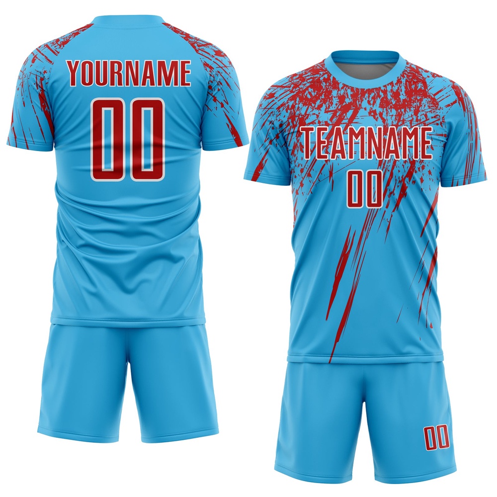 Sky Blue Red White Sublimation Soccer Uniform Jersey, Custom Team Soccer Jersey Shirt