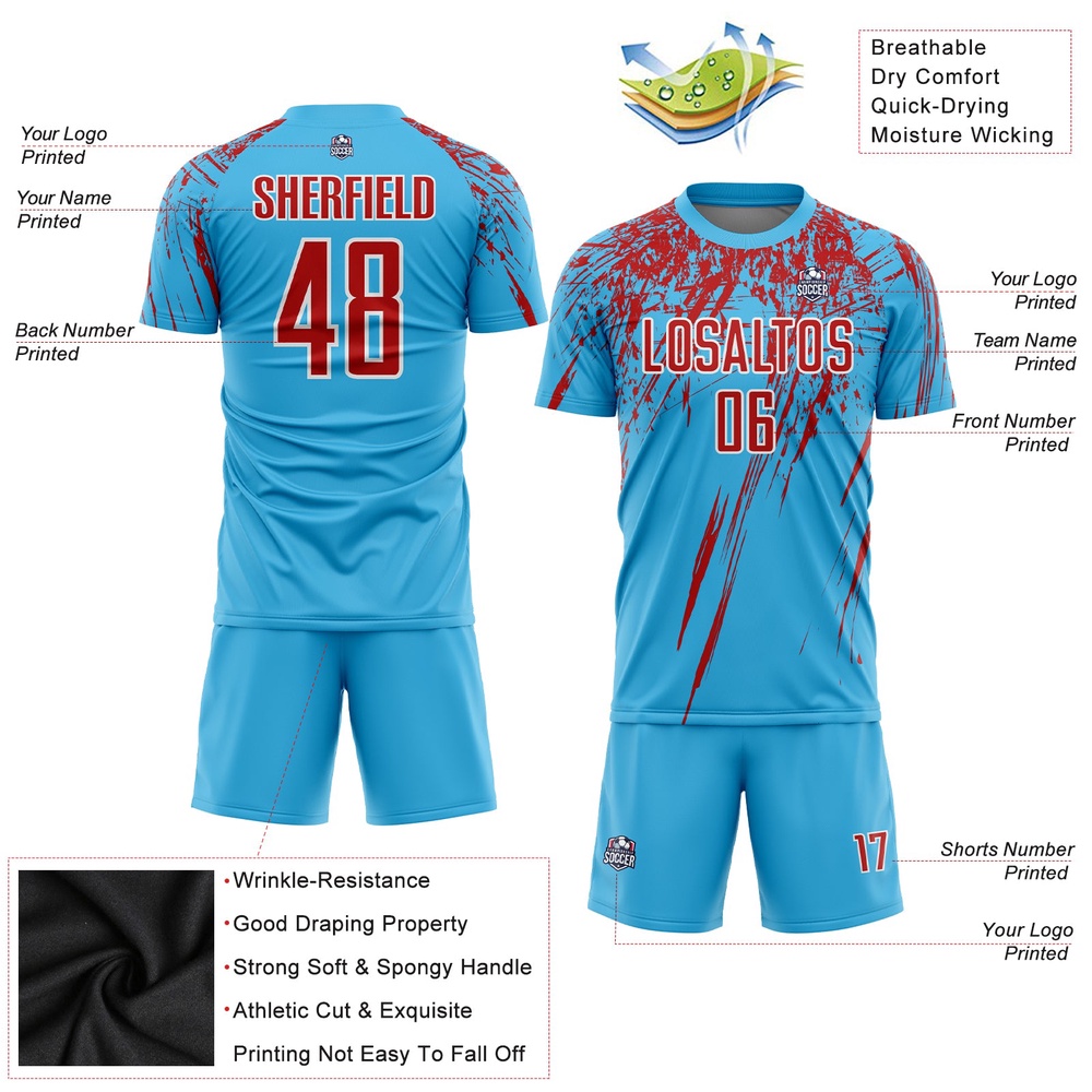 Sky Blue Red White Sublimation Soccer Uniform Jersey, Custom Team Soccer Jersey Shirt