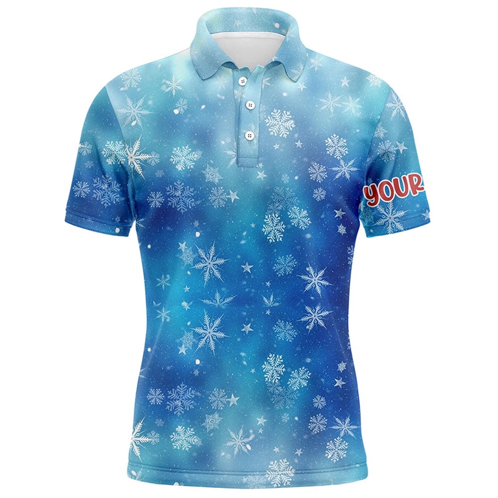 Snowflakes And Blurred Lights Blue Christmas Golf Men Polo Shirts Custom Golf Shirts For Men, Golf Polo Shirt, Golf Shirts