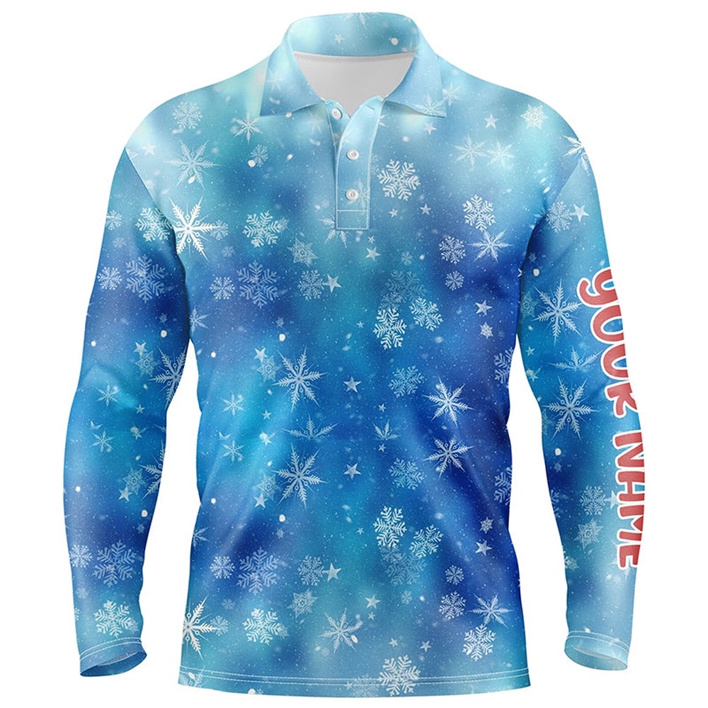 Snowflakes And Blurred Lights Blue Christmas Golf Men Polo Shirts Custom Golf Shirts For Men, Golf Polo Shirt, Golf Shirts