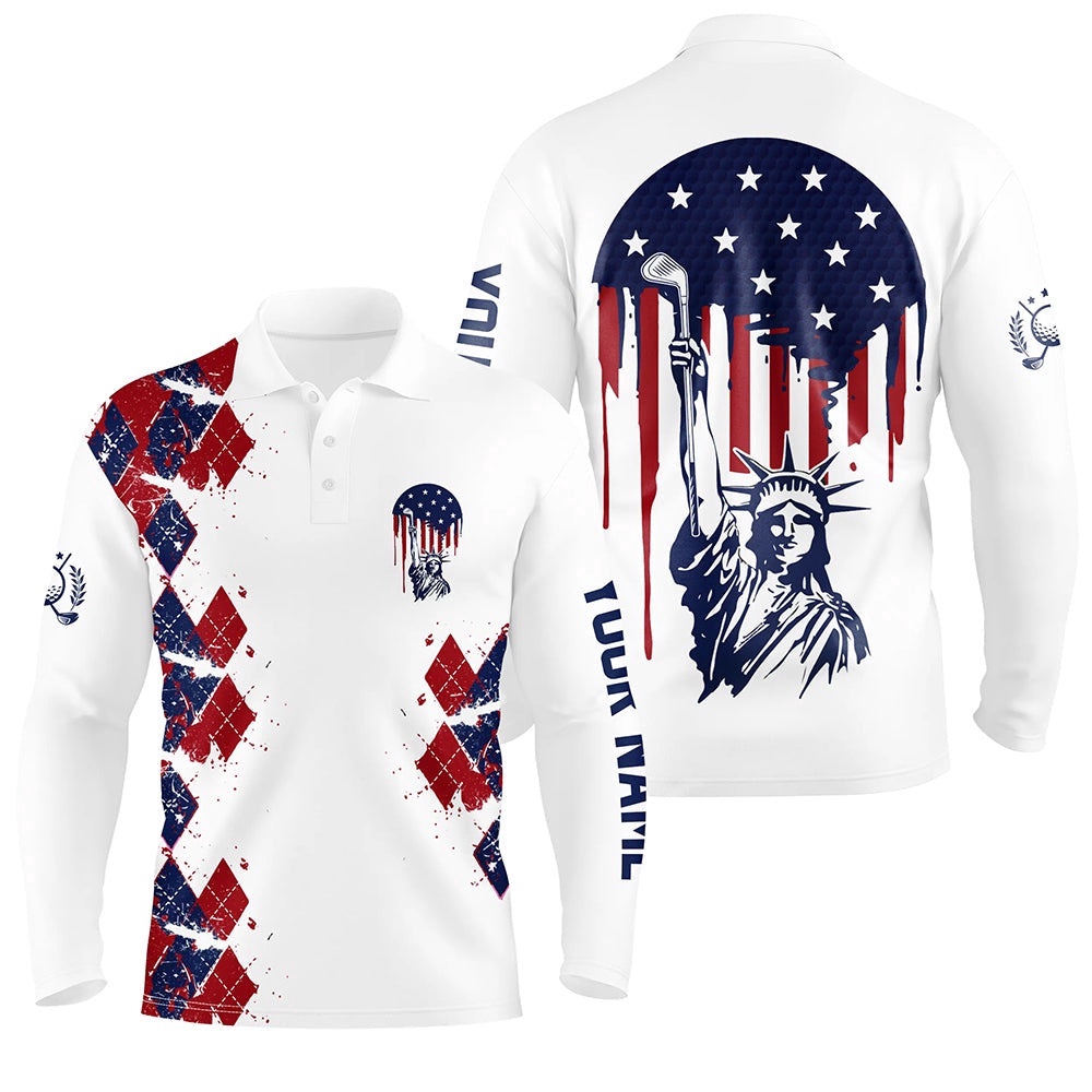 Statue Of Liberty Th Of July American Flag Argyle Men’s Golf Polos Patriotic Golf Shirts For Men, Golf Polo Shirt, Golf Shirts