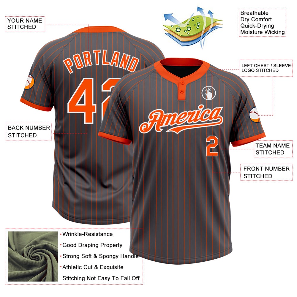 Steel Gray Orange Pinstripe White Two Button Unisex Softball Jersey, Custom Team Softball Jersey Steel Gray Orange Pinstripe White Two Button Unisex Softball Jersey, Custom Team Softball Jersey