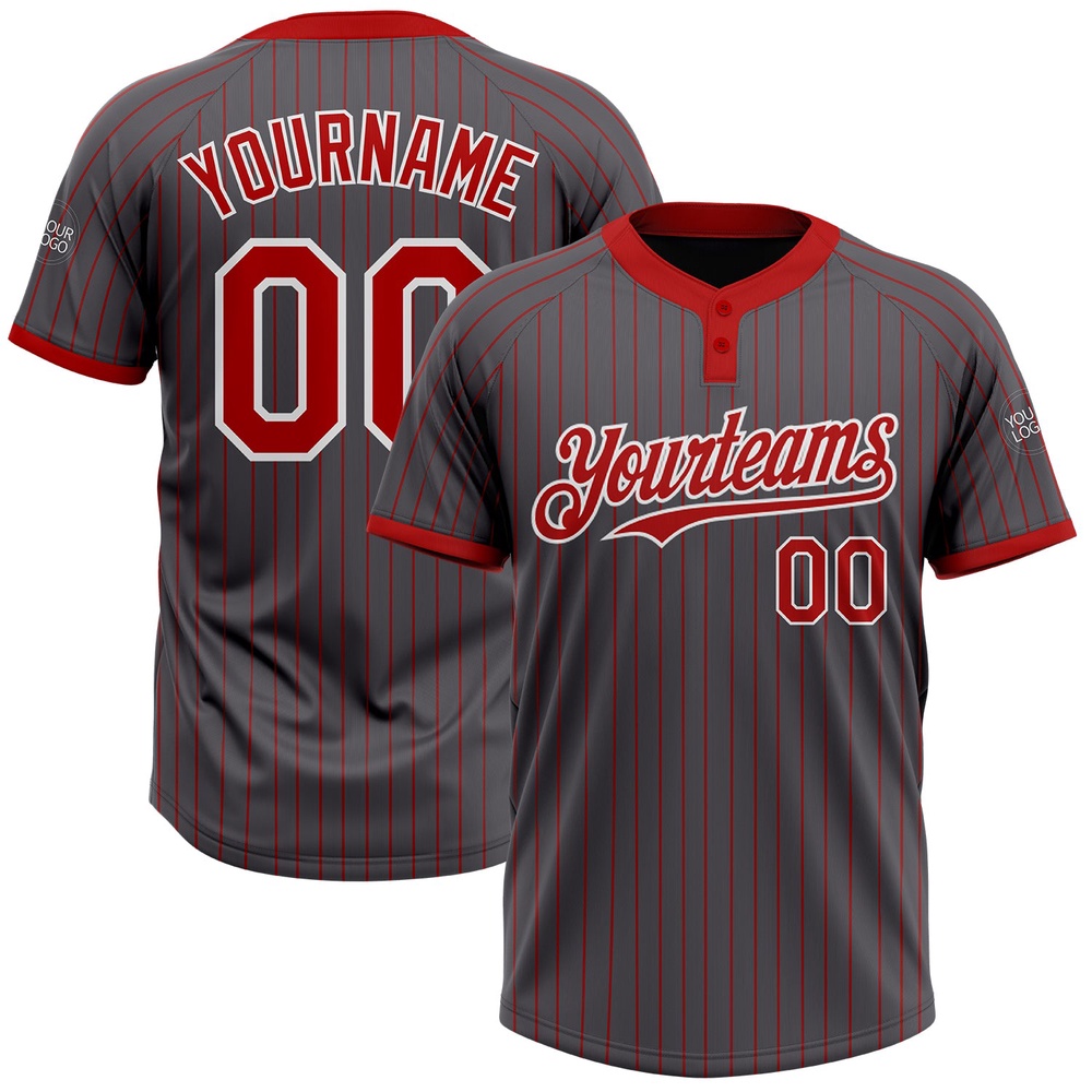 Steel Gray Red Pinstripe White Two Button Unisex Softball Jersey, Custom Team Softball Jersey Steel Gray Red Pinstripe White Two Button Unisex Softball Jersey, Custom Team Softball Jersey