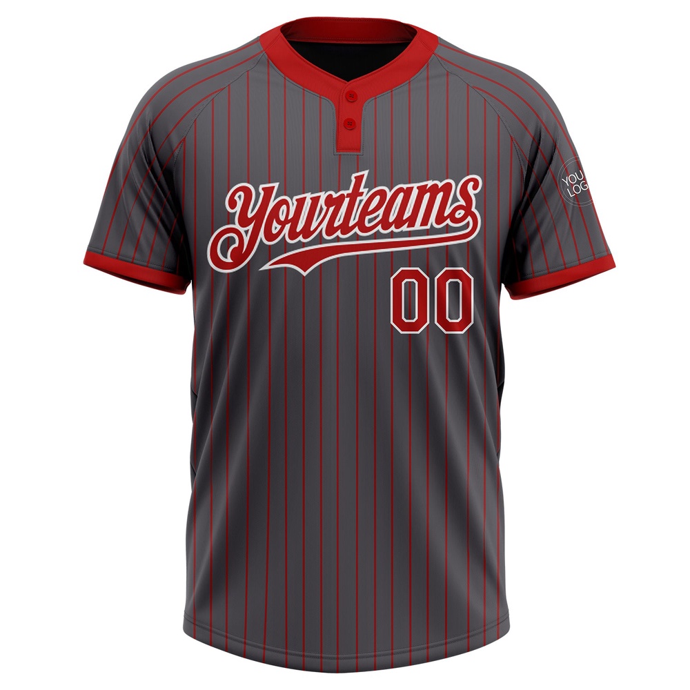 Steel Gray Red Pinstripe White Two Button Unisex Softball Jersey, Custom Team Softball Jersey Steel Gray Red Pinstripe White Two Button Unisex Softball Jersey, Custom Team Softball Jersey