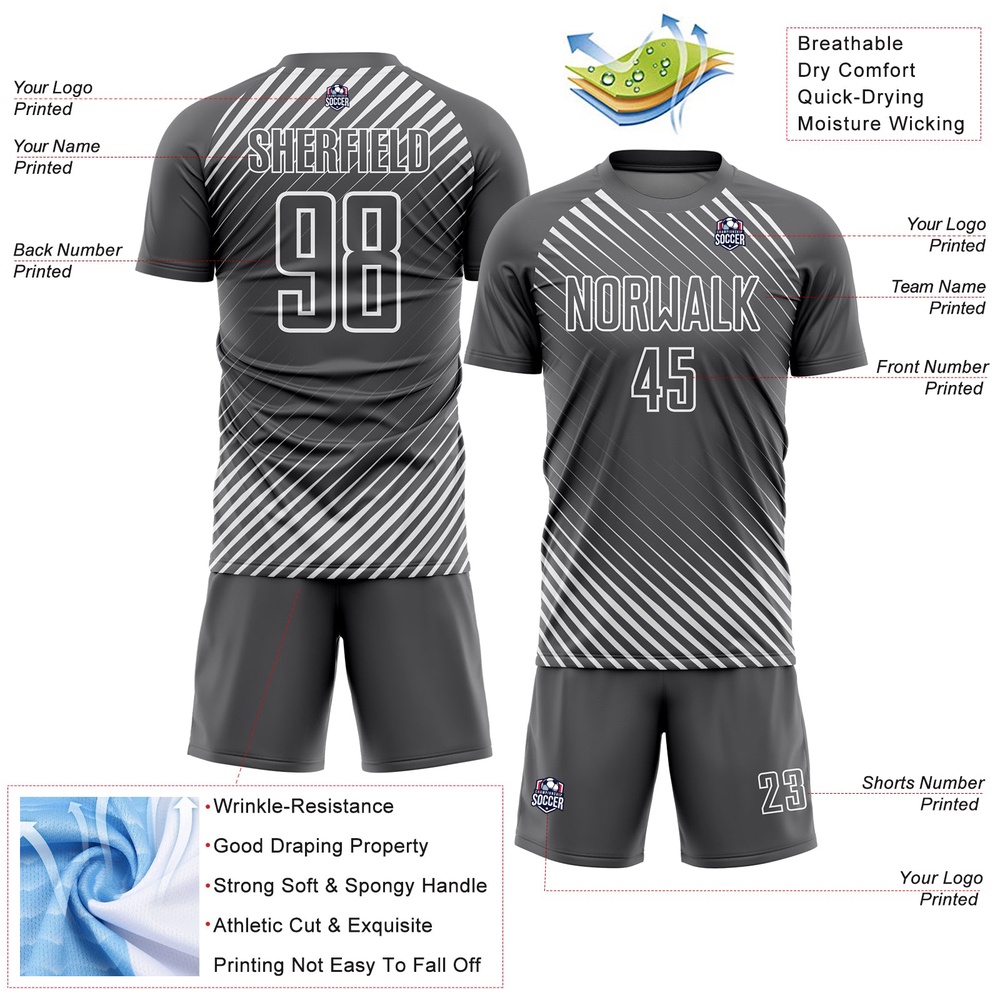 Steel Gray White Diagonal Lines Sublimation Soccer Uniform Jersey, Custom Team Soccer Jersey Shirt