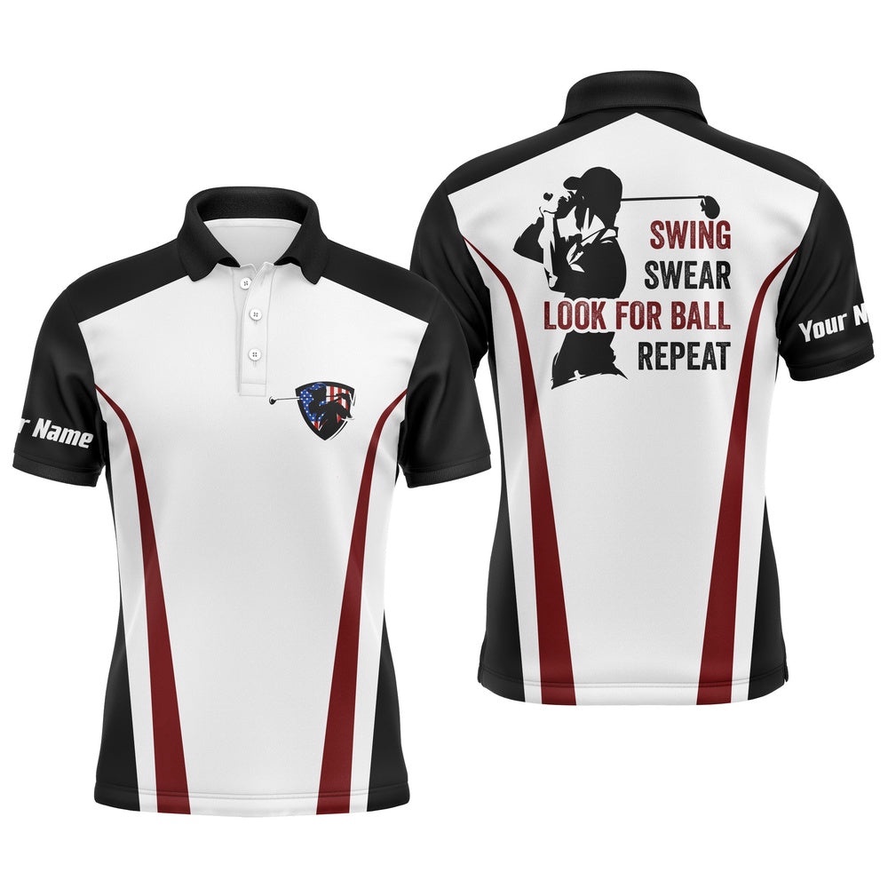 Swing Swear Look For Ball Repeat Custom Name Funny Black, White, Red Men’s Golf Polo Shirt, Golf Polo Shirt, Golf Shirts
