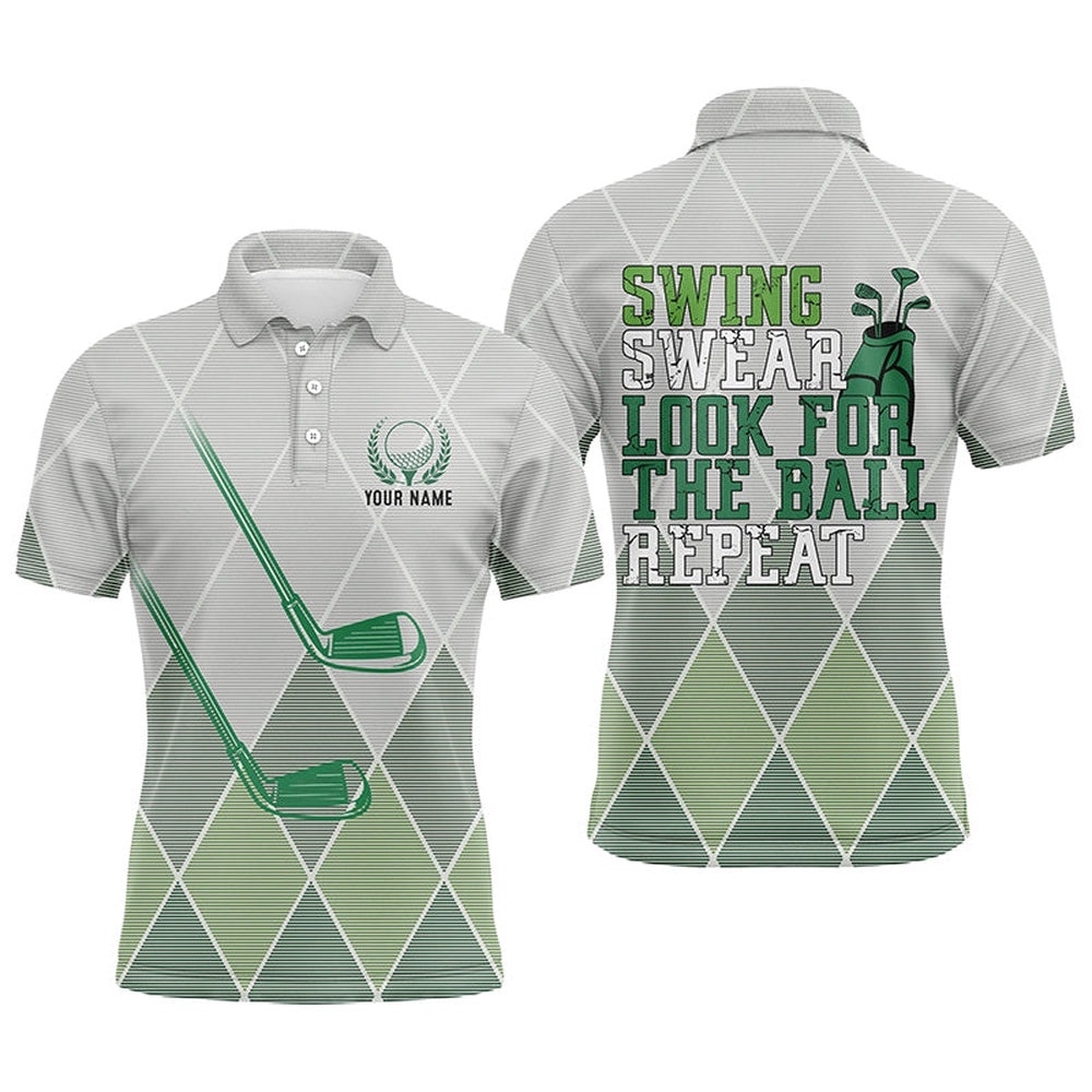 Swing Swear Look For The Ball Repeat Green Geometric Golf Clubs Men’s Polo Shirt Men Golf Tops, Golf Polo Shirt, Golf Shirts Swing Swear Look For The Ball Repeat Green Geometric Golf Clubs Men’s Polo Shirt Men Golf Tops, Golf Polo Shirt, Golf Shirts