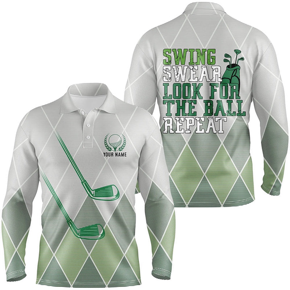 Swing Swear Look For The Ball Repeat Green Geometric Golf Clubs Men’s Polo Shirt Men Golf Tops, Golf Polo Shirt, Golf Shirts Swing Swear Look For The Ball Repeat Green Geometric Golf Clubs Men’s Polo Shirt Men Golf Tops, Golf Polo Shirt, Golf Shirts