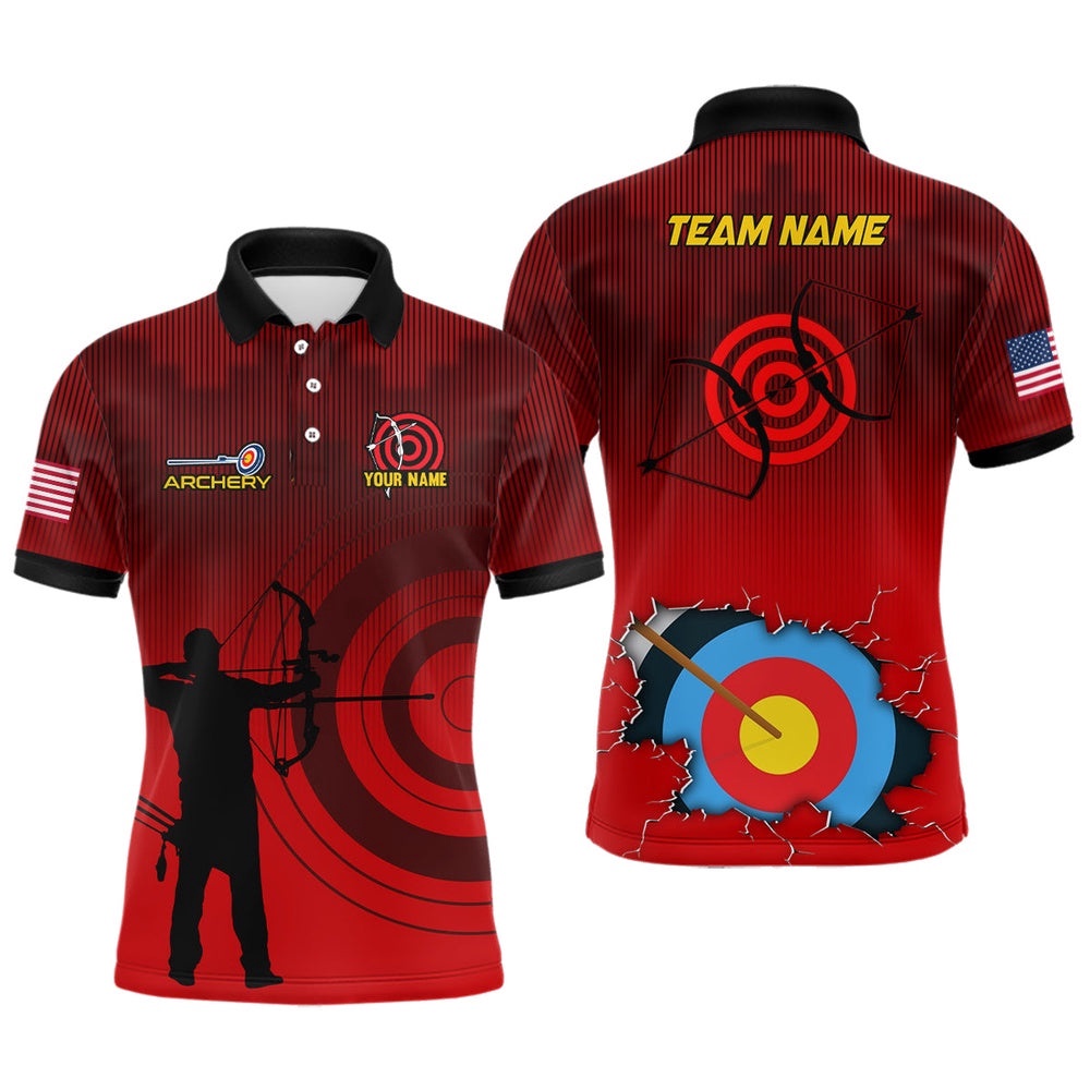 Target Archery Silhouette Archer Polo Shirts For Men Custom US Flag Archery Shirts, Custom Archery Team Polo Shirt