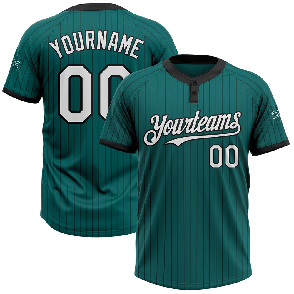 Teal Black Pinstripe White Two Button Unisex Softball Jersey, Custom Team Softball Jersey Teal Black Pinstripe White Two Button Unisex Softball Jersey, Custom Team Softball Jersey