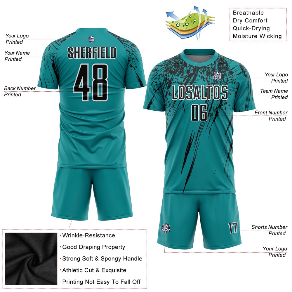 Teal Black White Sublimation Soccer Uniform Jersey, Custom Team Soccer Jersey Shirt Teal Black White Sublimation Soccer Uniform Jersey, Custom Team Soccer Jersey Shirt