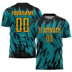 Teal Gold Black Sublimation Soccer Uniform Jersey,…