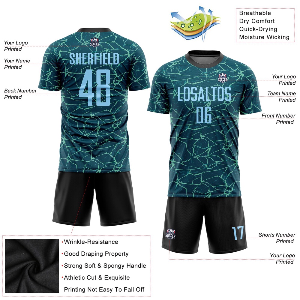 Teal Light Blue Black Sublimation Soccer Uniform Jersey, Custom Team Soccer Jersey Shirt Teal Light Blue Black Sublimation Soccer Uniform Jersey, Custom Team Soccer Jersey Shirt
