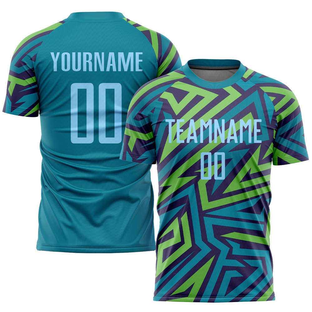 Teal Light Blue Kelly Green Sublimation Soccer Uniform Jersey, Custom Team Soccer Jersey Shirt
