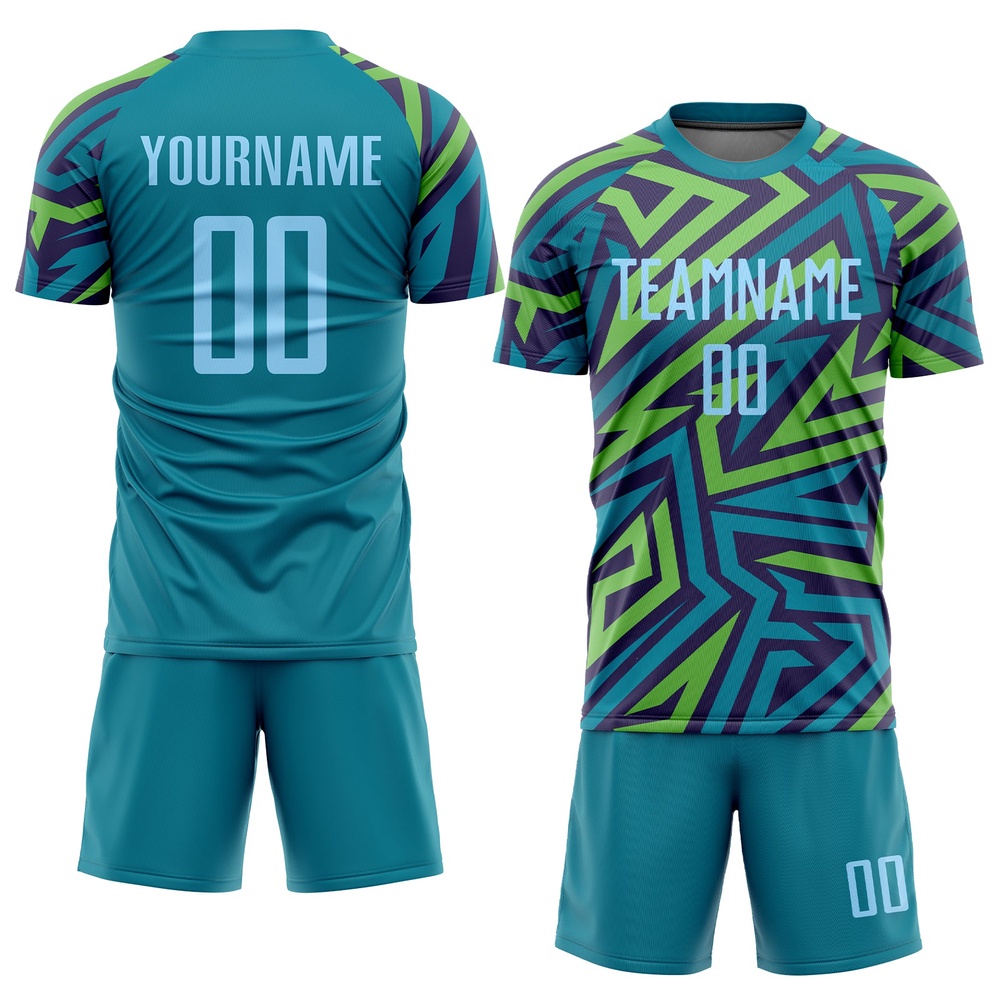 Teal Light Blue Kelly Green Sublimation Soccer Uniform Jersey, Custom Team Soccer Jersey Shirt