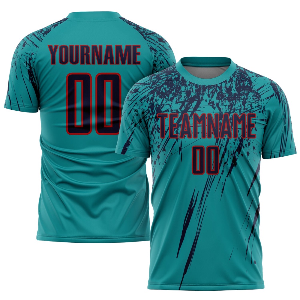 Teal Navy Red Sublimation Soccer Uniform Jersey, Custom Team Soccer Jersey Shirt