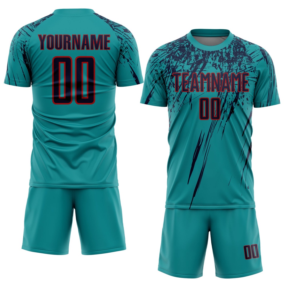 Teal Navy Red Sublimation Soccer Uniform Jersey, Custom Team Soccer Jersey Shirt