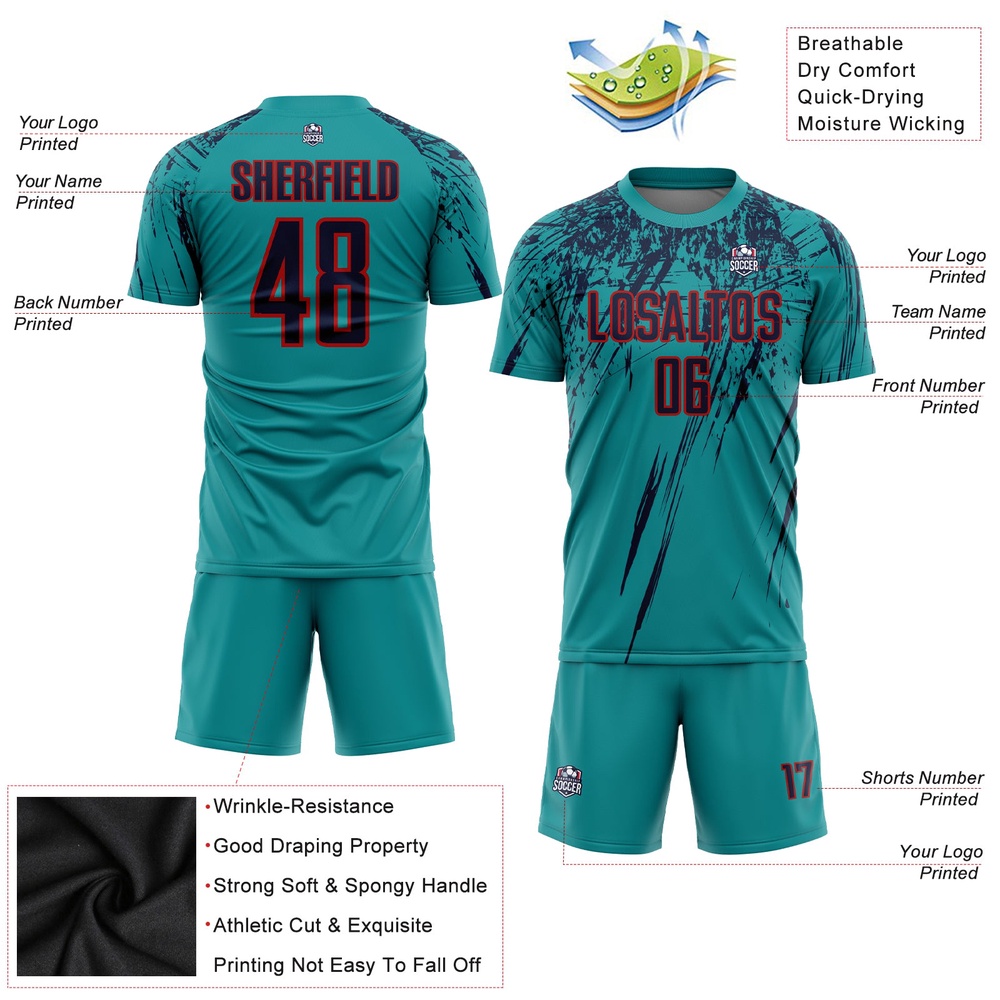 Teal Navy Red Sublimation Soccer Uniform Jersey, Custom Team Soccer Jersey Shirt