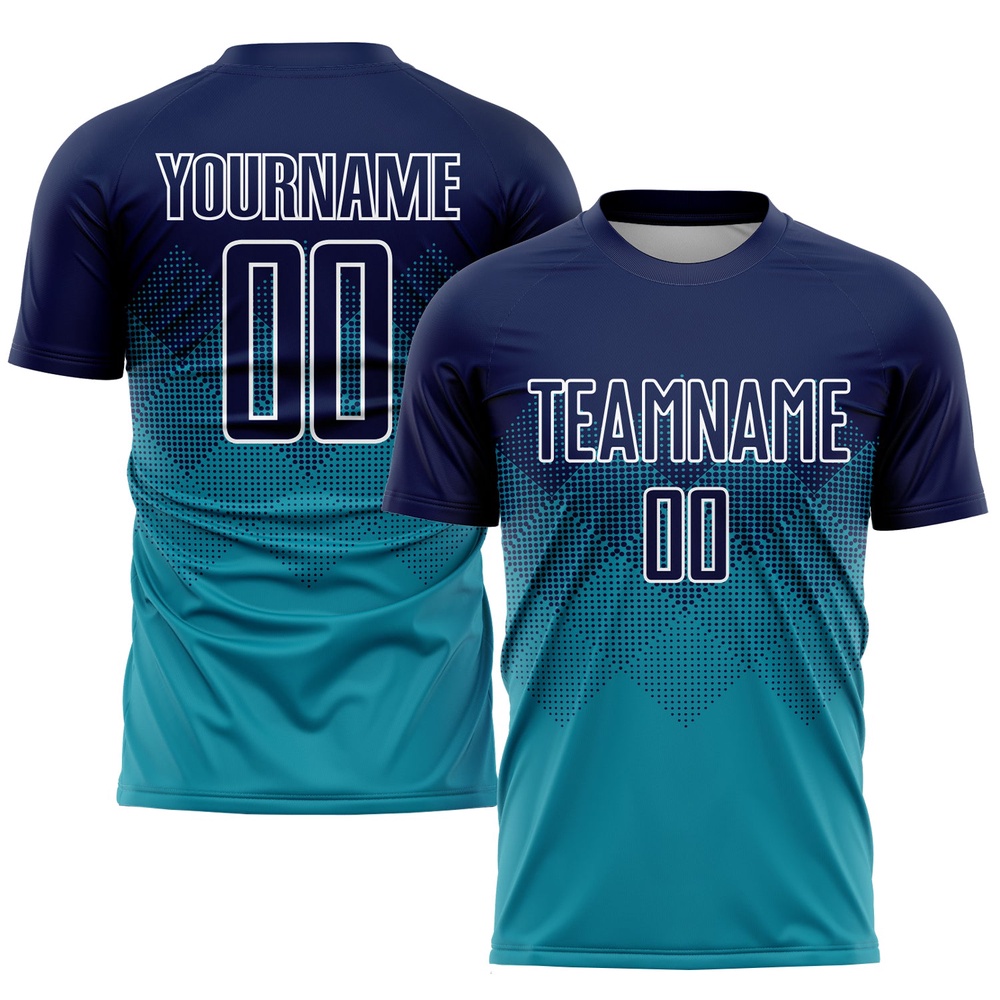 Teal Navy White Sublimation Soccer Uniform Jersey, Custom Team Soccer Jersey Shirt Teal Navy White Sublimation Soccer Uniform Jersey, Custom Team Soccer Jersey Shirt
