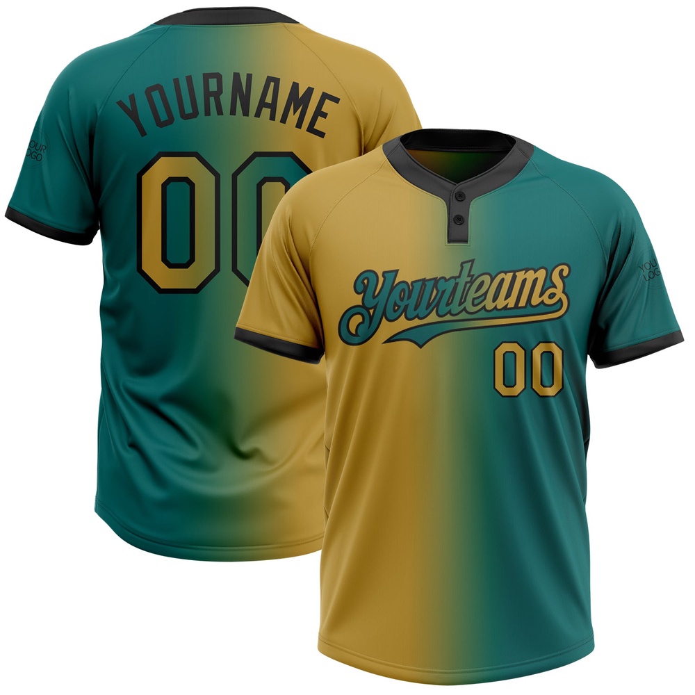 Teal Old Gold Black Gradient Fashion Two Button Unisex Softball Jersey, Custom Team Softball Jersey Teal Old Gold Black Gradient Fashion Two Button Unisex Softball Jersey, Custom Team Softball Jersey