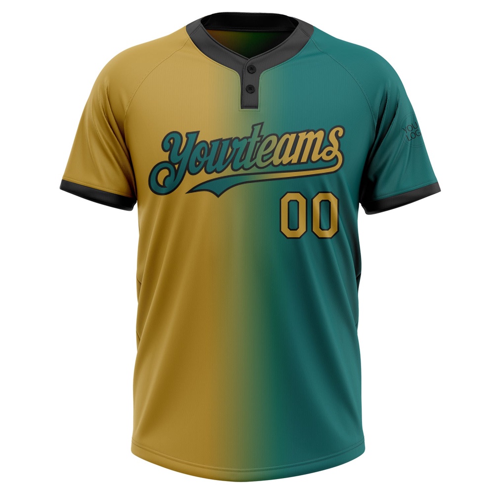 Teal Old Gold Black Gradient Fashion Two Button Unisex Softball Jersey, Custom Team Softball Jersey Teal Old Gold Black Gradient Fashion Two Button Unisex Softball Jersey, Custom Team Softball Jersey