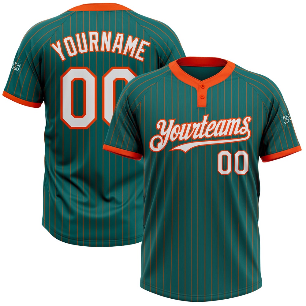 Teal Orange Pinstripe White Two Button Unisex Softball Jersey, Custom Team Softball Jersey Teal Orange Pinstripe White Two Button Unisex Softball Jersey, Custom Team Softball Jersey