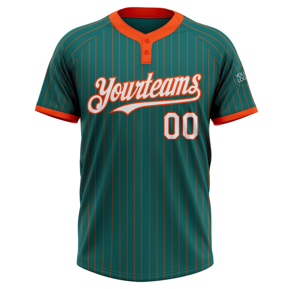 Teal Orange Pinstripe White Two Button Unisex Softball Jersey, Custom Team Softball Jersey Teal Orange Pinstripe White Two Button Unisex Softball Jersey, Custom Team Softball Jersey