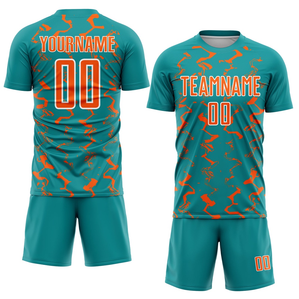 Teal Orange White Abstract Lines Sublimation Soccer Uniform Jersey, Custom Team Soccer Jersey Shirt