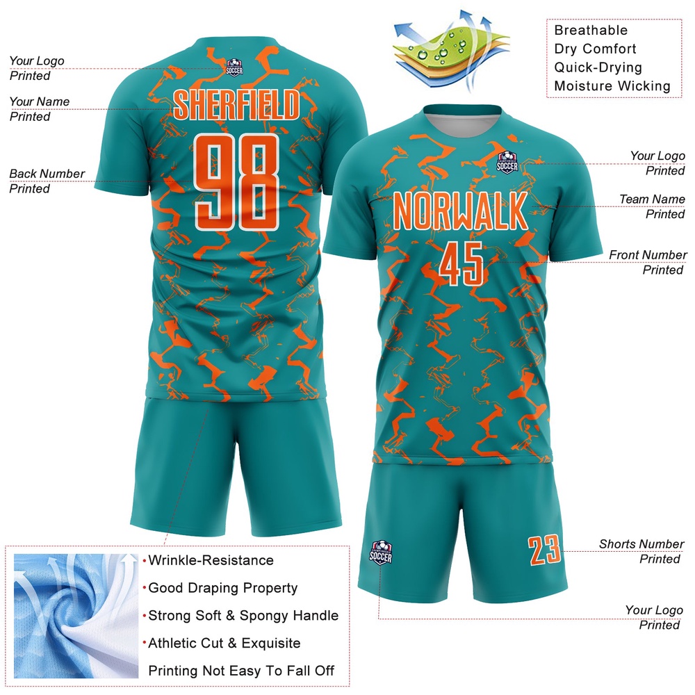 Teal Orange White Abstract Lines Sublimation Soccer Uniform Jersey, Custom Team Soccer Jersey Shirt