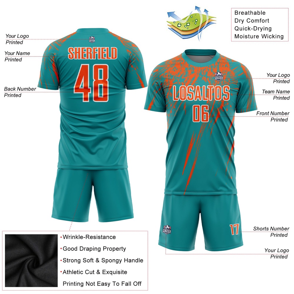 Teal Orange White Sublimation Soccer Uniform Jersey, Custom Team Soccer Jersey Shirt
