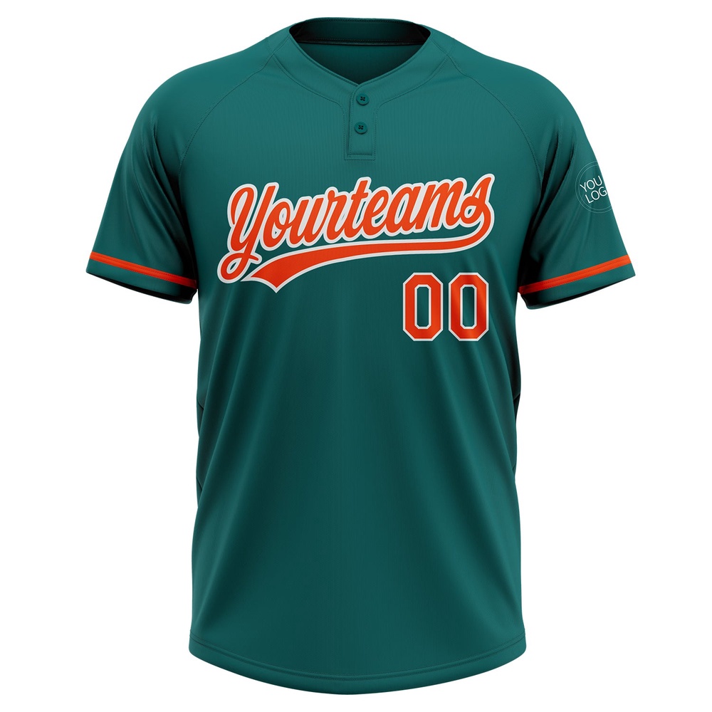 Teal Orange White Two Button Unisex Softball Jersey, Custom Team Softball Jersey