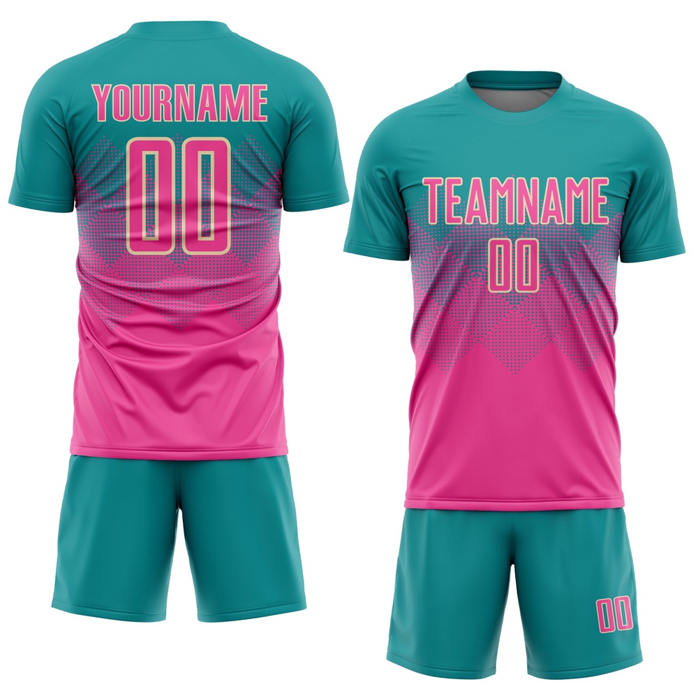 Teal Pink Cream Sublimation Soccer Uniform Jersey, Custom Team Soccer Jersey Shirt