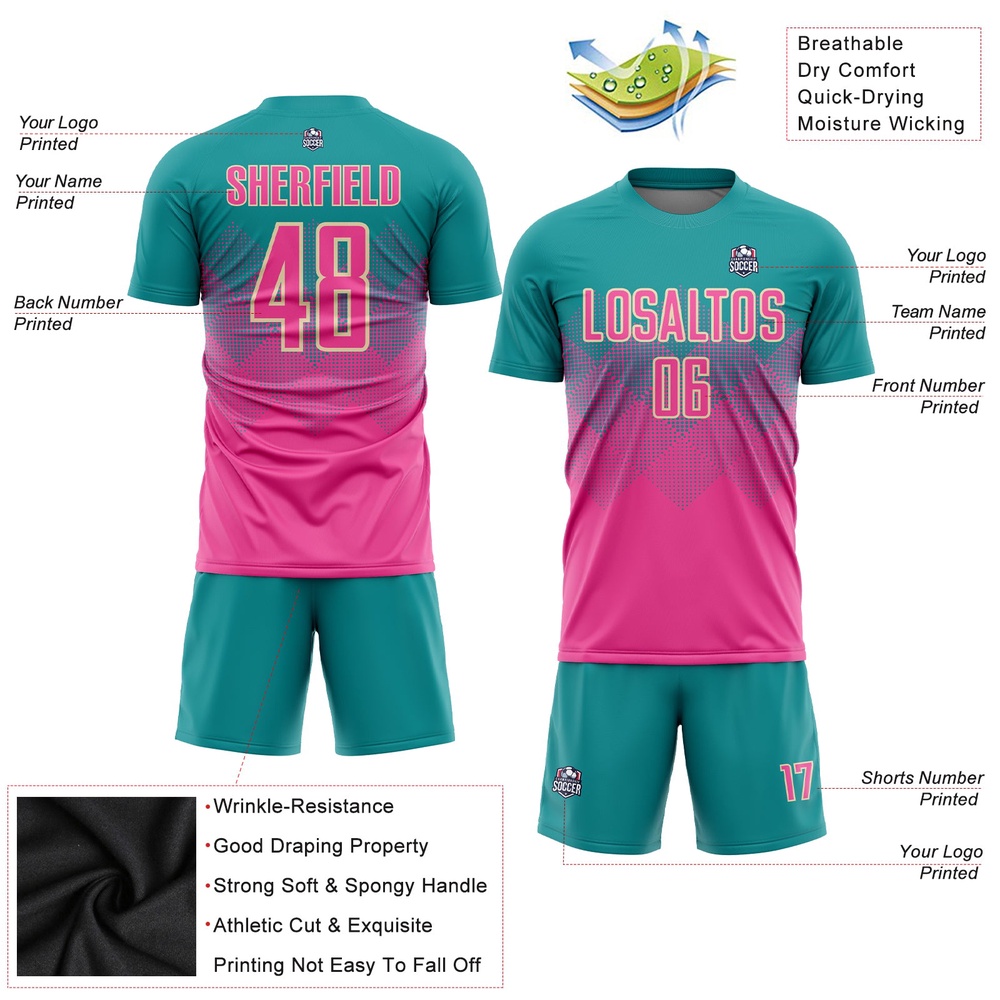 Teal Pink Cream Sublimation Soccer Uniform Jersey, Custom Team Soccer Jersey Shirt