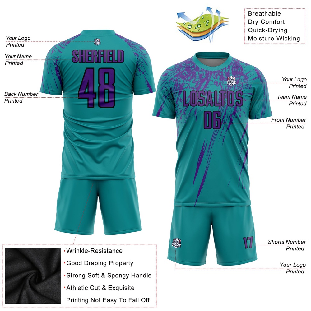 Teal Purple Black Sublimation Soccer Uniform Jersey, Custom Team Soccer Jersey Shirt Teal Purple Black Sublimation Soccer Uniform Jersey, Custom Team Soccer Jersey Shirt