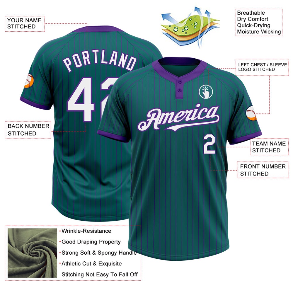 Teal Purple Pinstripe White Two Button Unisex Softball Jersey, Custom Team Softball Jersey