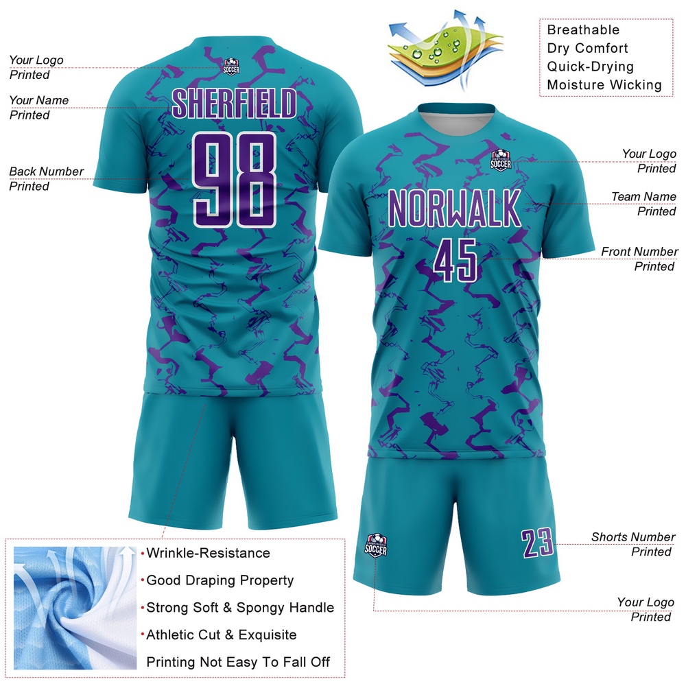 Teal Purple White Abstract Lines Sublimation Soccer Uniform Jersey, Custom Team Soccer Jersey Shirt
