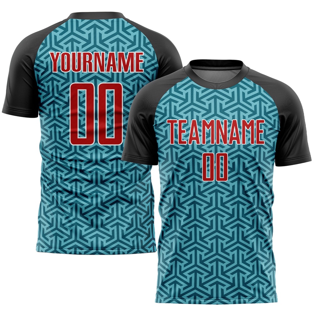 Teal Red Black Sublimation Soccer Uniform Jersey, Custom Team Soccer Jersey Shirt