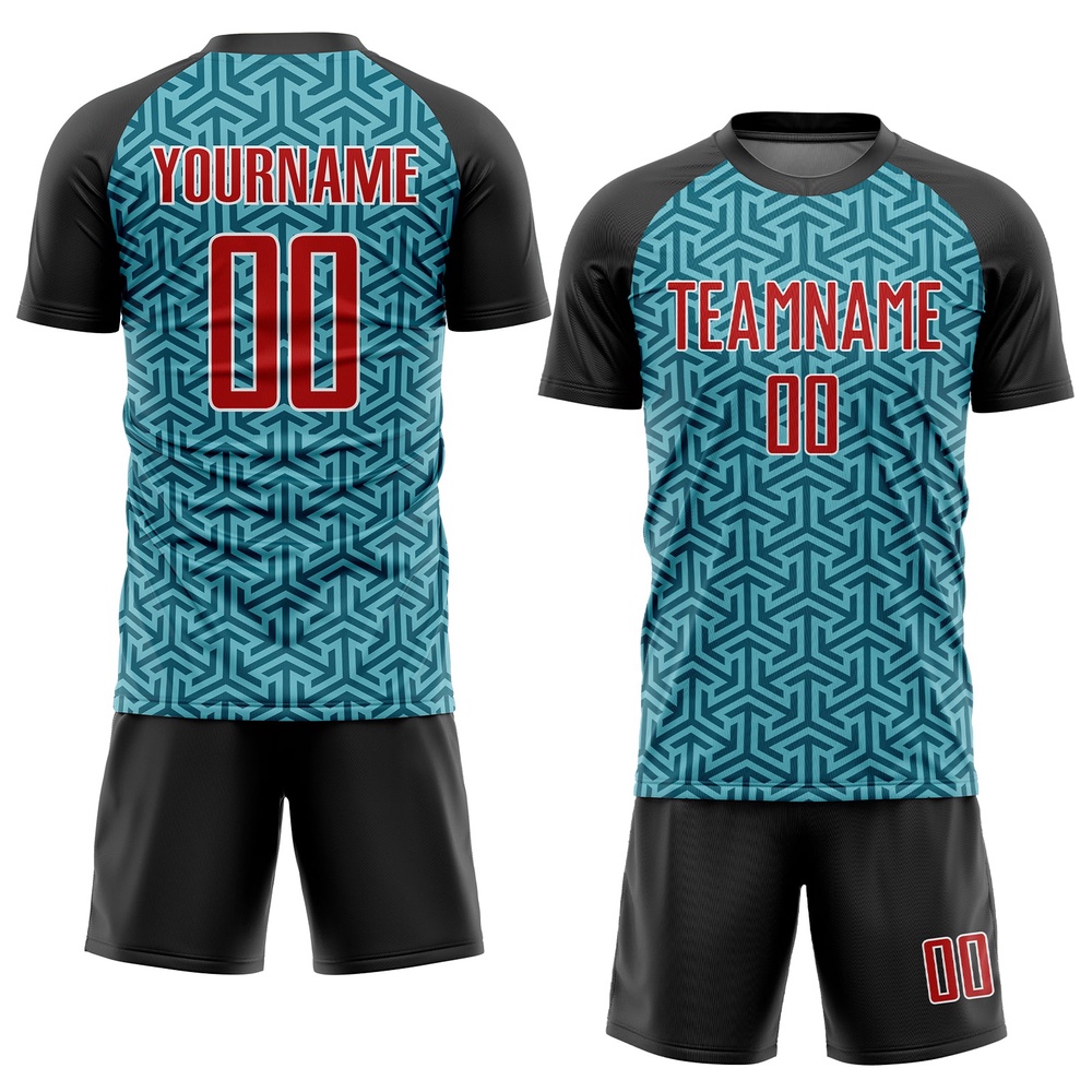 Teal Red Black Sublimation Soccer Uniform Jersey, Custom Team Soccer Jersey Shirt
