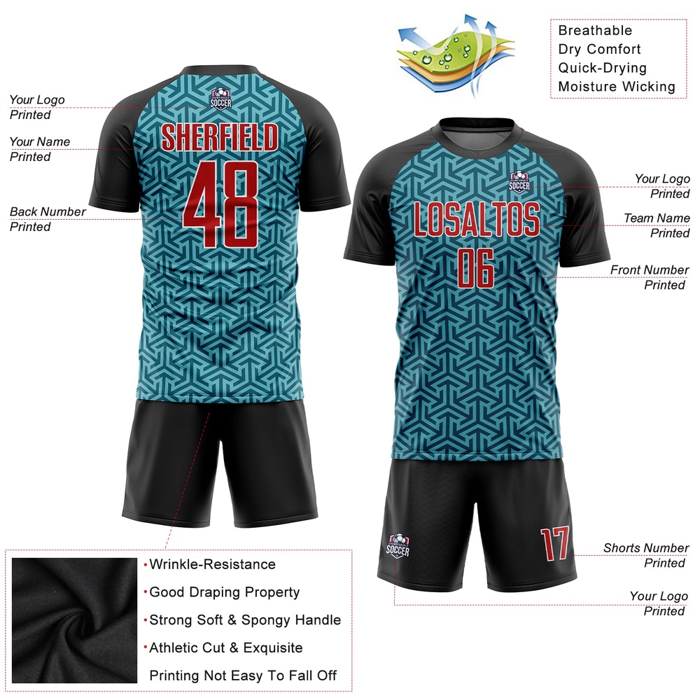 Teal Red Black Sublimation Soccer Uniform Jersey, Custom Team Soccer Jersey Shirt