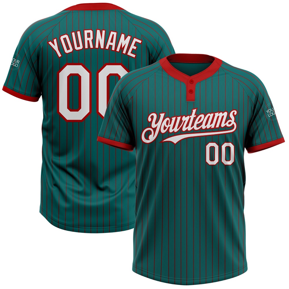 Teal Red Pinstripe White Two Button Unisex Softball Jersey, Custom Team Softball Jersey Teal Red Pinstripe White Two Button Unisex Softball Jersey, Custom Team Softball Jersey