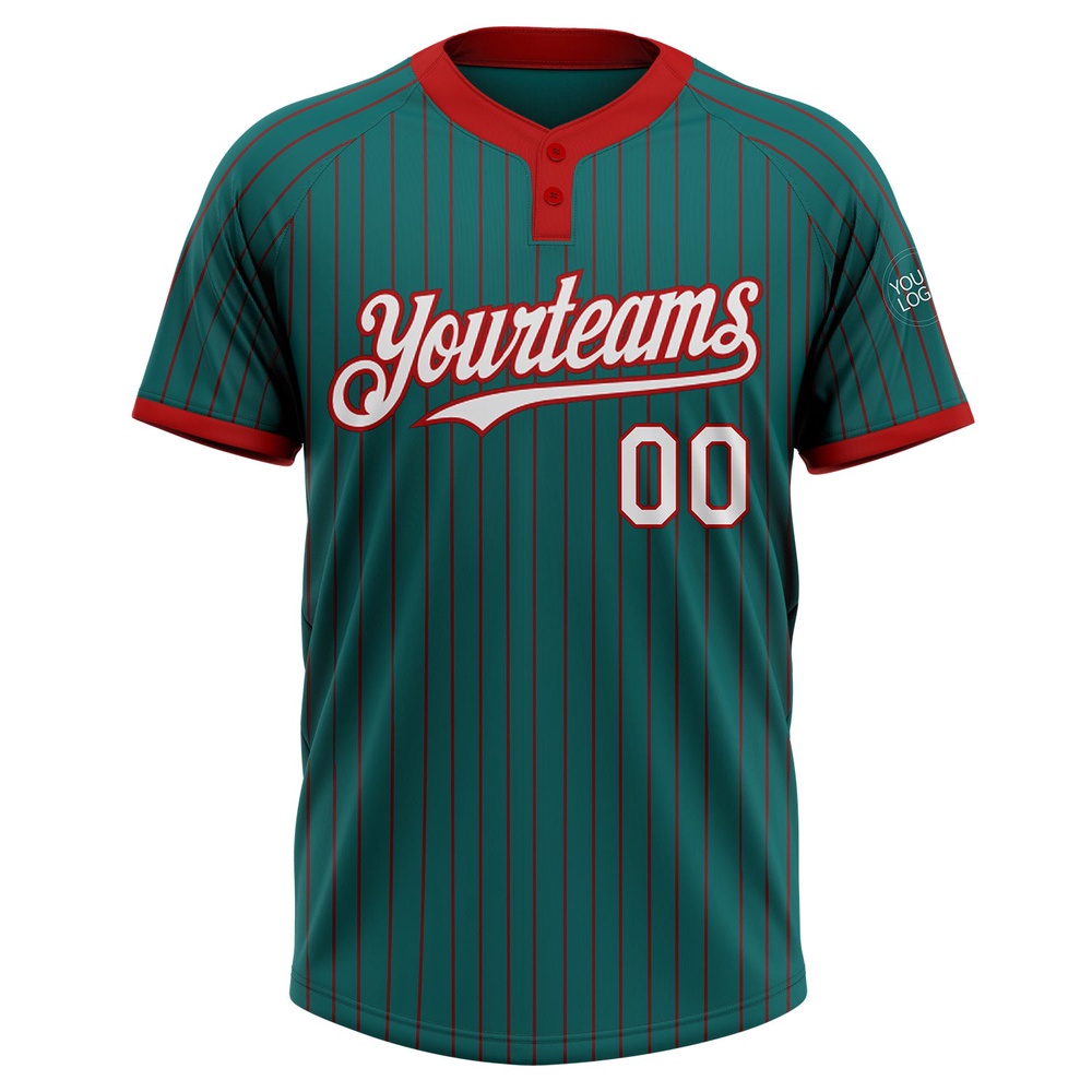Teal Red Pinstripe White Two Button Unisex Softball Jersey, Custom Team Softball Jersey Teal Red Pinstripe White Two Button Unisex Softball Jersey, Custom Team Softball Jersey