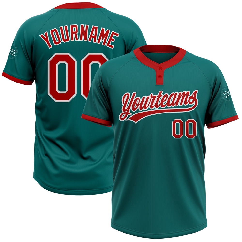 Teal Red White Two Button Unisex Softball Jersey, Custom Team Softball Jersey Teal Red White Two Button Unisex Softball Jersey, Custom Team Softball Jersey