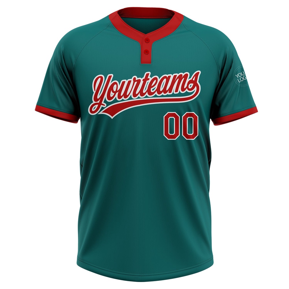 Teal Red White Two Button Unisex Softball Jersey, Custom Team Softball Jersey Teal Red White Two Button Unisex Softball Jersey, Custom Team Softball Jersey