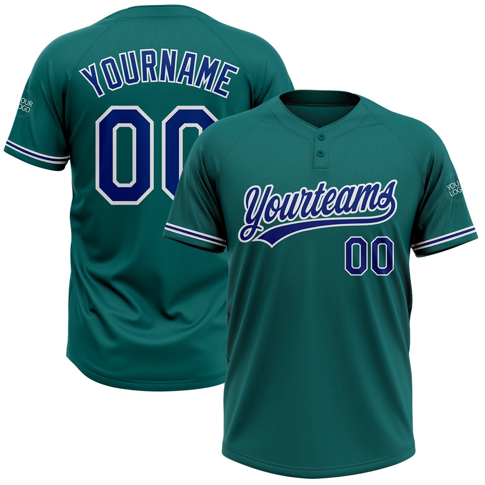 Teal Royal White Two Button Unisex Softball Jersey, Custom Team Softball Jersey Teal Royal White Two Button Unisex Softball Jersey, Custom Team Softball Jersey