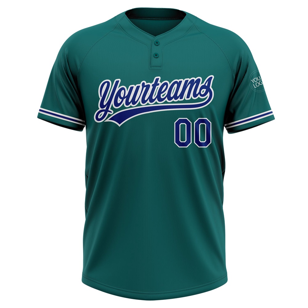 Teal Royal White Two Button Unisex Softball Jersey, Custom Team Softball Jersey Teal Royal White Two Button Unisex Softball Jersey, Custom Team Softball Jersey